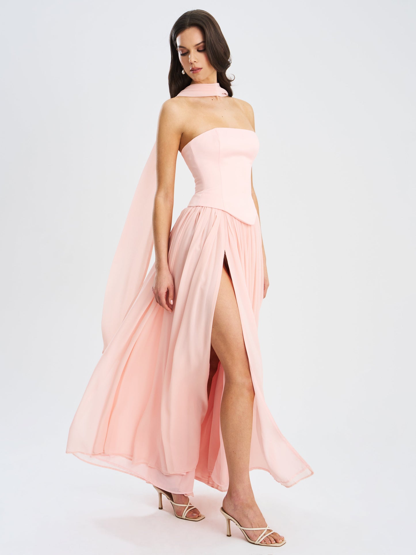 Qianna Baby Pink Peplum Top Drop Waist Chiffon Gown
