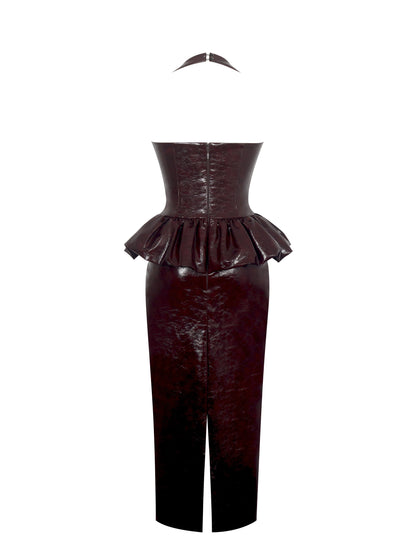 Jaslene Mahogany Ruched Peplum Plunge Halter Midi Dress