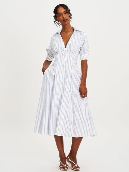 Palina Pinstripes Cotton Poplin Pleated Midi Preppy Shirt Dress
