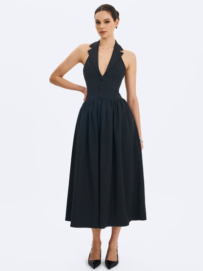Delaney Black Lapel Halter Midi A-Line Dress