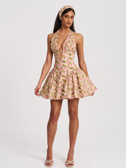 Mackenzie Green and Pink Floral Print Halter Linen Mini Dress