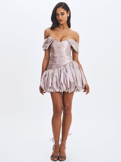 Milena Champagne Ruched Asymmetrical Bubble Mini Dress