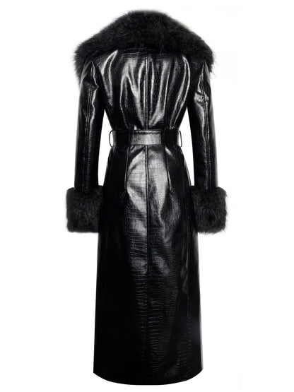 Zella Black Fur Trim Vegan Croc Leather Coat