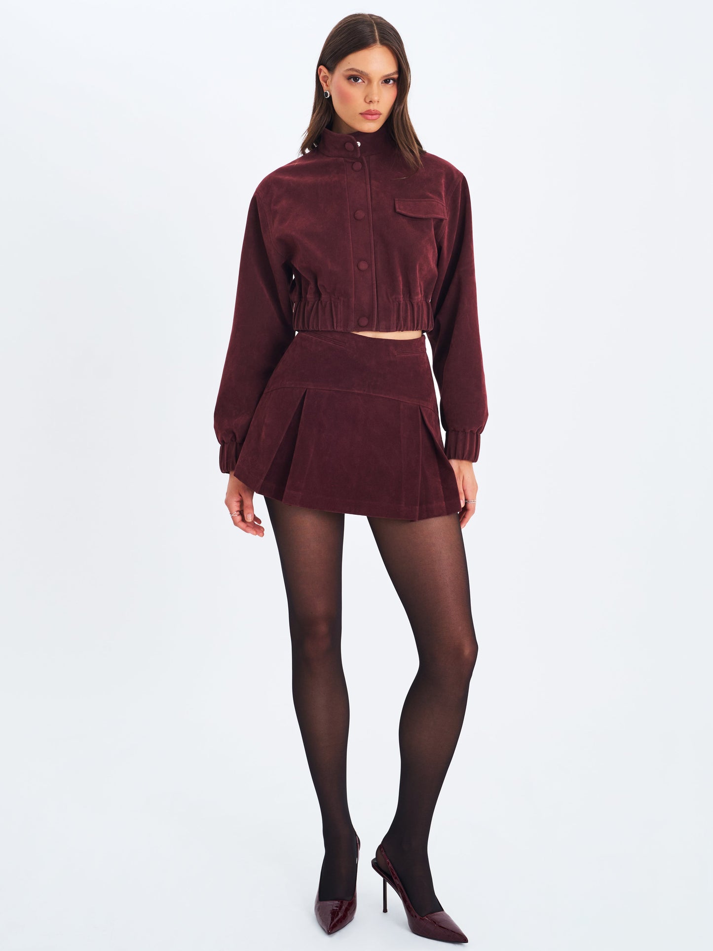 Farryn Mahogany Vegan Suede Cropped Bomber Jacket