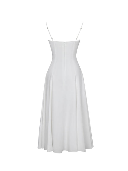Corinne White Poplin Flared Midi Dress with Removable Bow