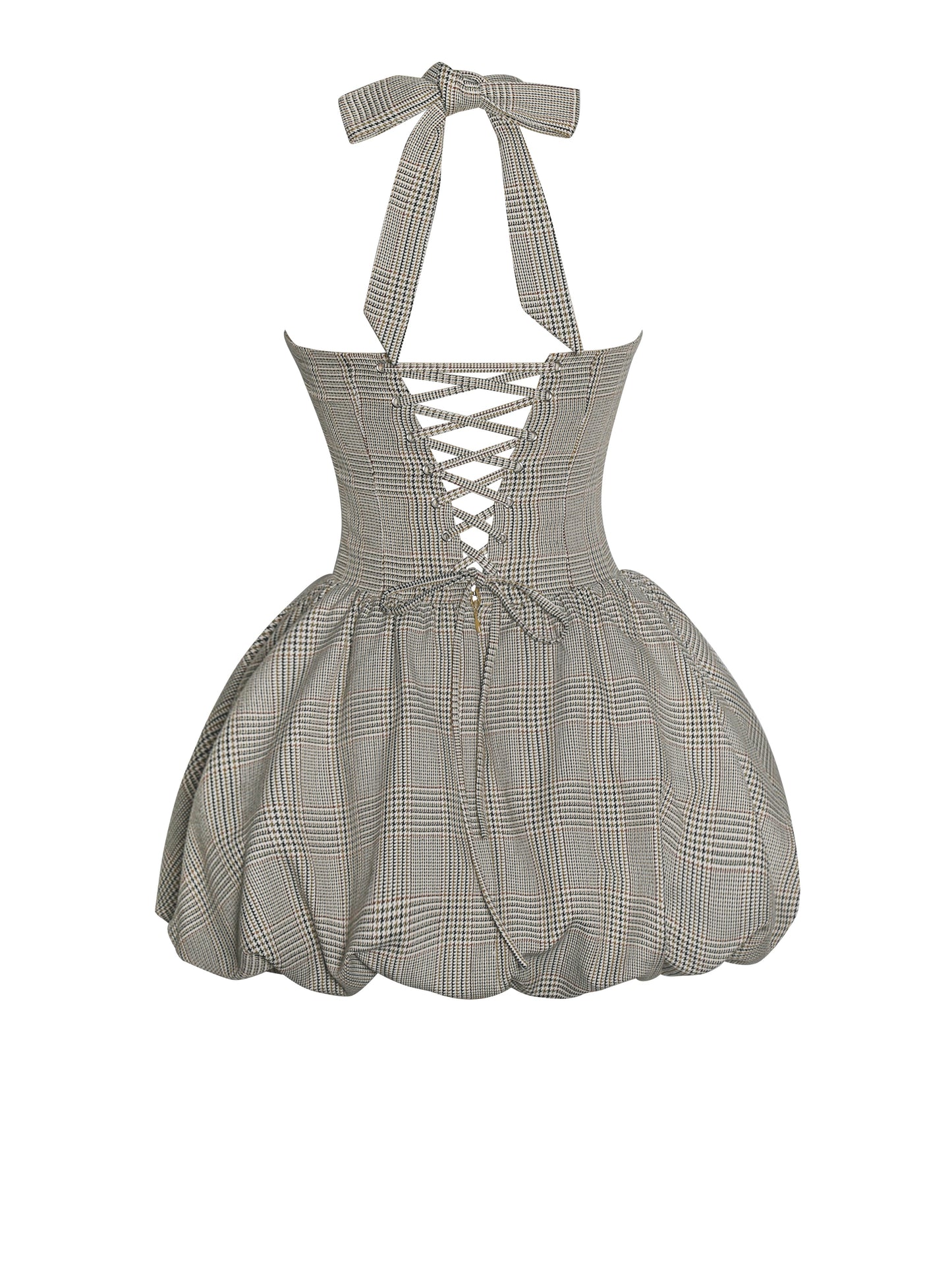 Dacia Plaid Halter Lace-up Bubble Mini Dress