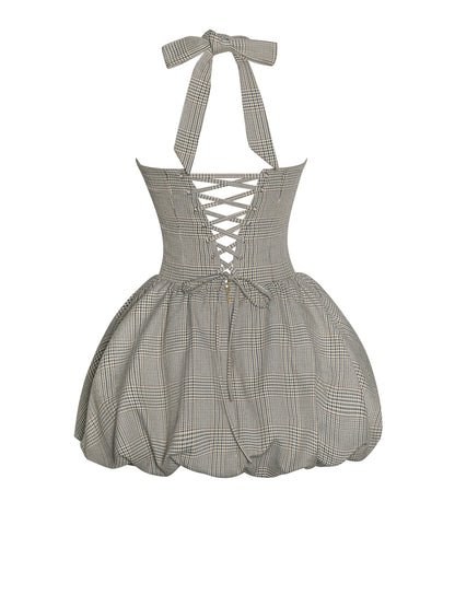 Dacia Plaid Halter Lace-up Bubble Mini Dress