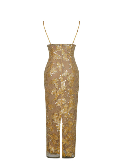 Edie Gold Beaded Sequin Midi Pencil Dress