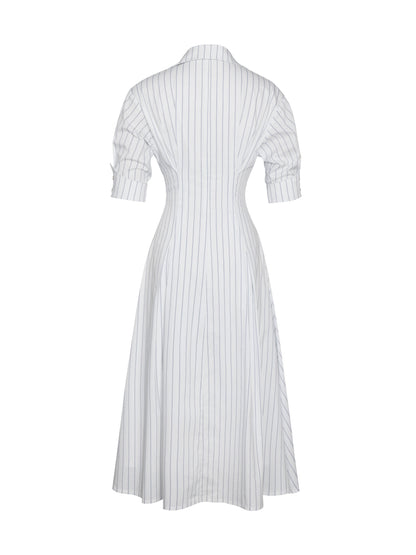 Palina Pinstripes Cotton Poplin Pleated Midi Preppy Shirt Dress