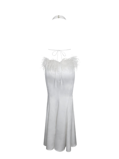 Solene Pleated Halter Backless Feather-Trim Maxi Dress