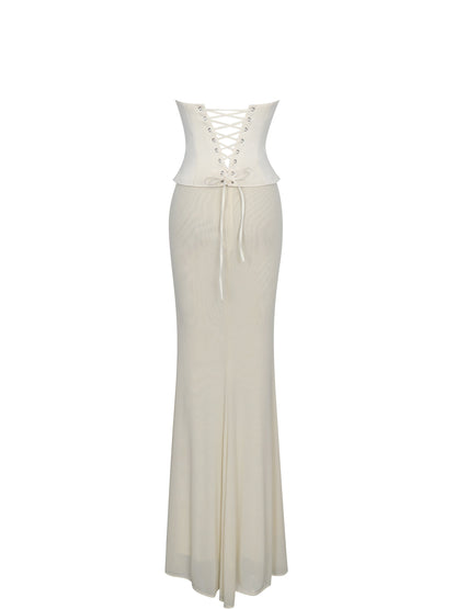 Adelina Butter Yellow Peplum Mermaid Gown with Lace-up Back