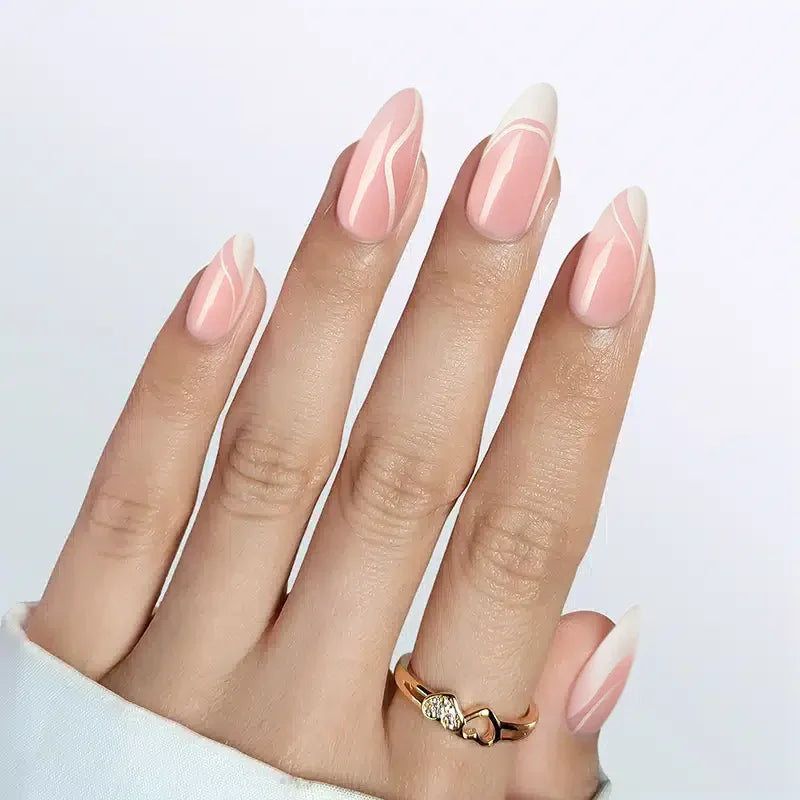 White Swirl Almond Nails - Press On Nails