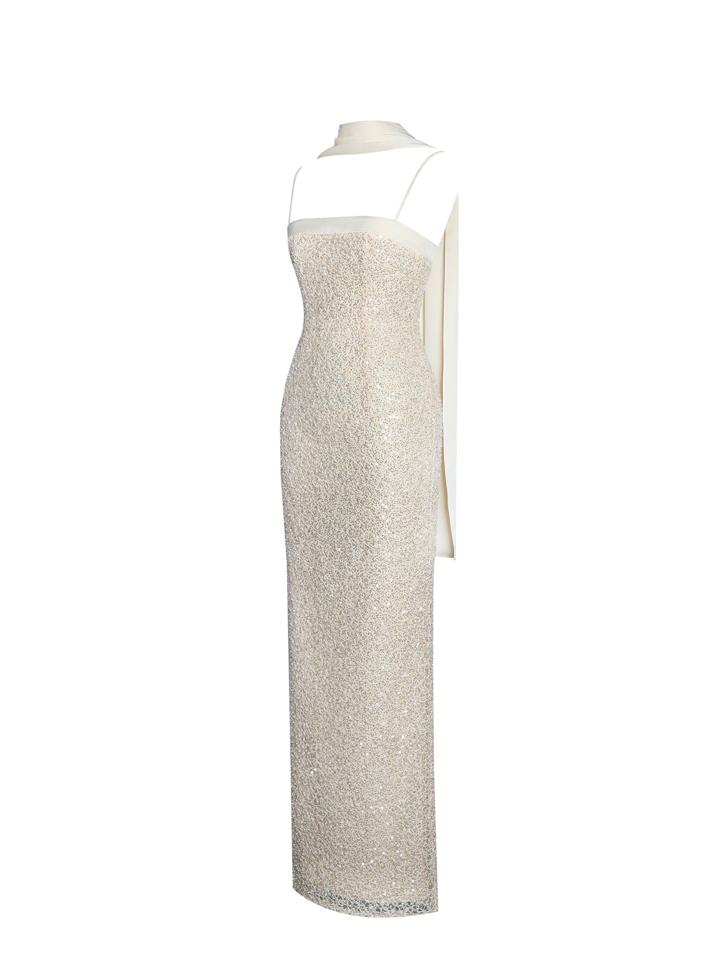 Raizel Gold Beaded Sequin Bodycon Gown with Scarf