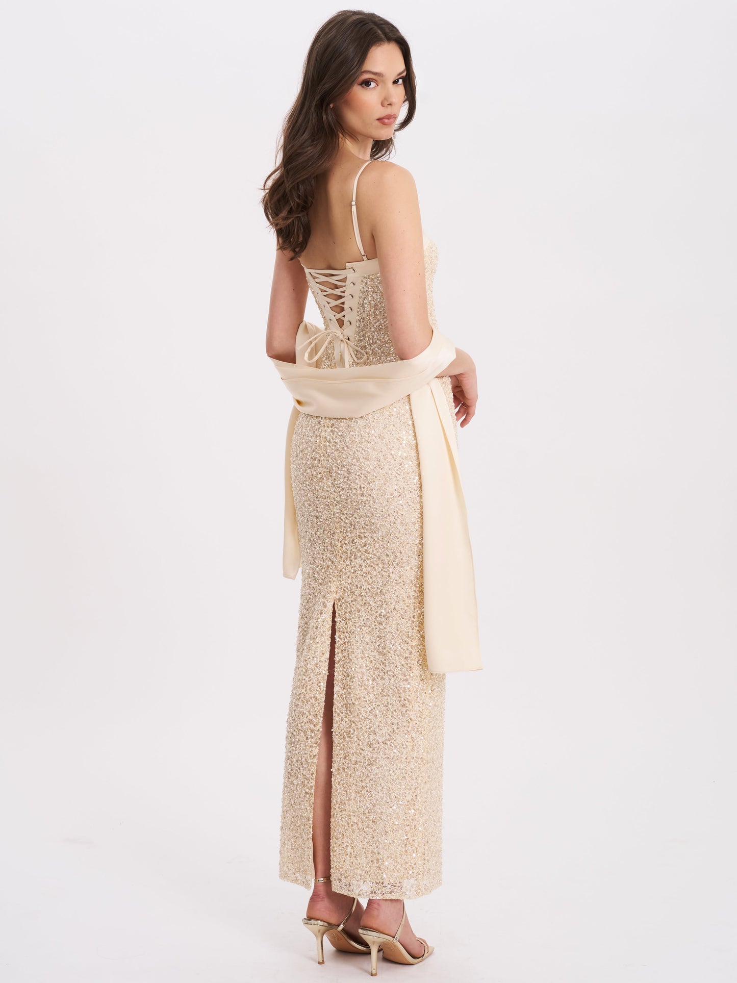 Raizel Gold Beaded Sequin Bodycon Gown with Scarf