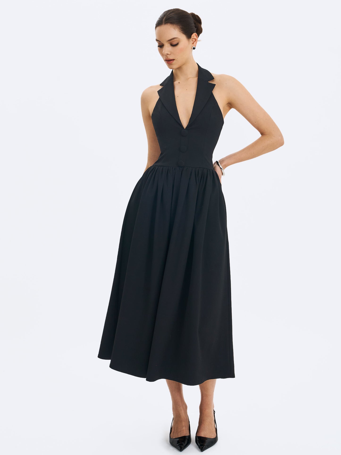 Delaney Black Lapel Halter Midi A-Line Dress