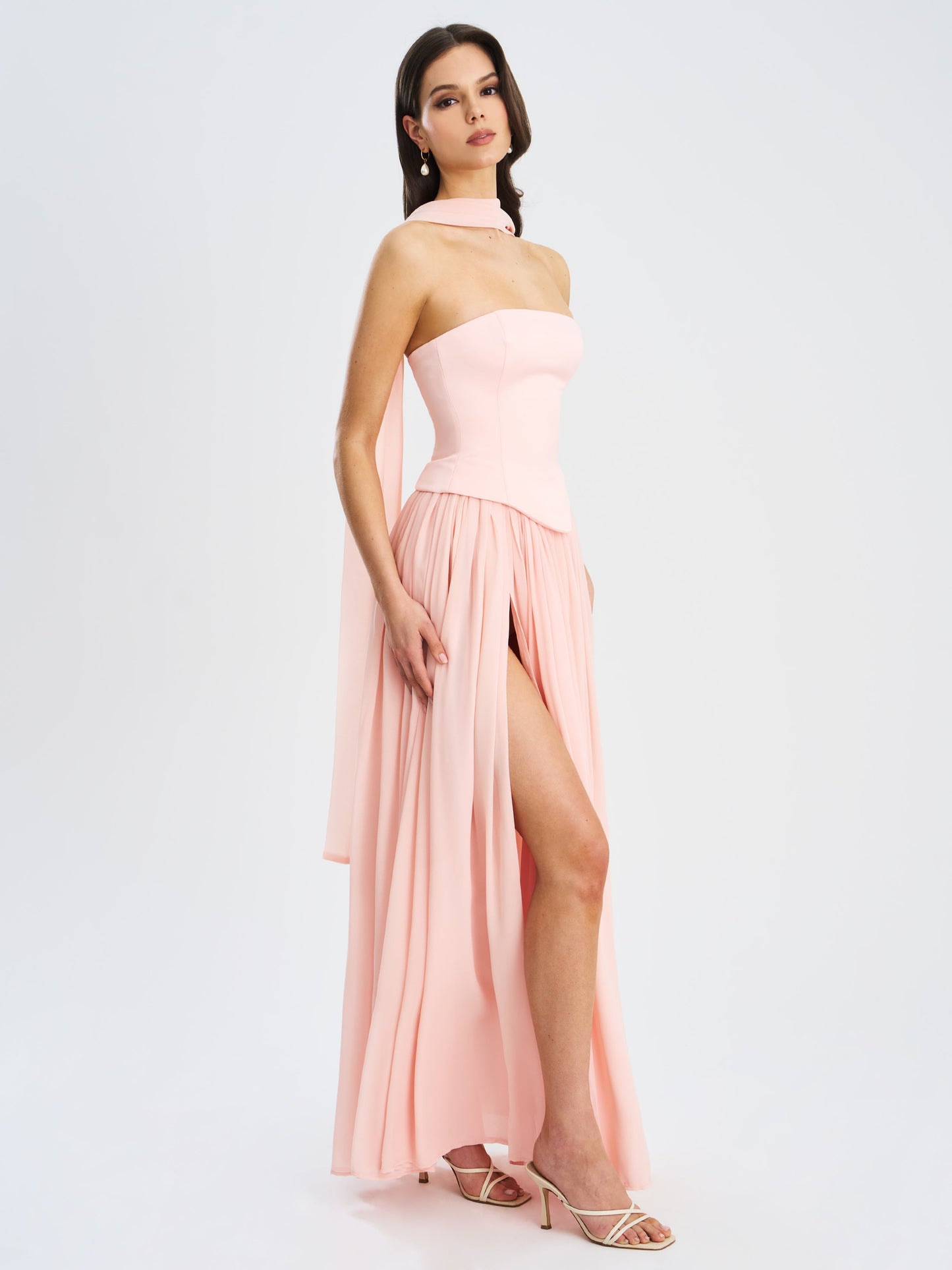 Qianna Baby Pink Peplum Top Drop Waist Chiffon Gown
