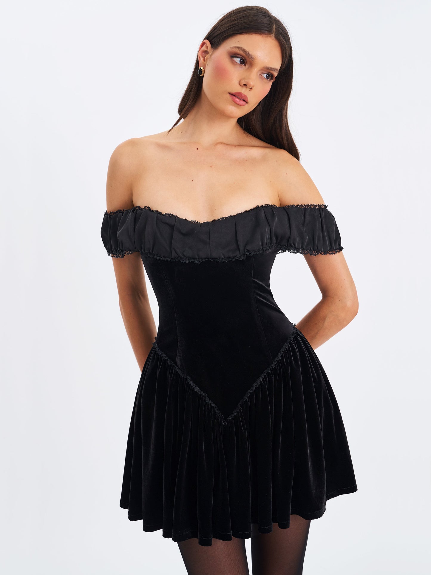 Daisha Black Lace Trimmed Off-Shoulder Ruched Mini Dress