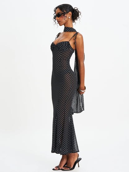 Yadira Black Base Polka Dot Chiffon Maxi Dress