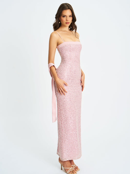Raizel Pink Beaded Sequin Bodycon Gown with Scarf
