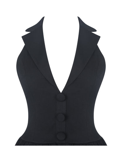 Delaney Black Lapel Halter Midi A-Line Dress