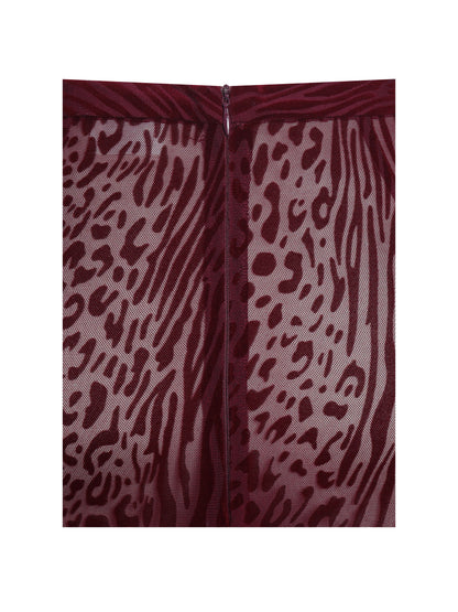 Halia Burgundy Animal Print Burnout Velvet Fur Trim Skirt