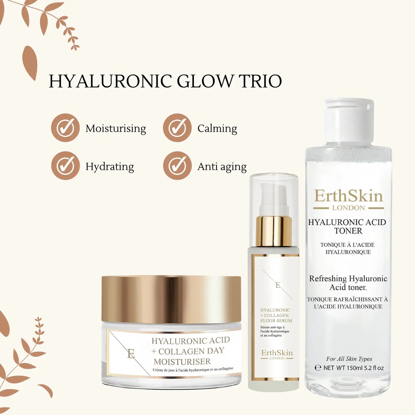 Refreshing Hyaluronic Acid Toner 150ml + Hyaluronic Acid & Collagen Serum - 60ml + Hyaluronic Acid & Collagen Day Cream