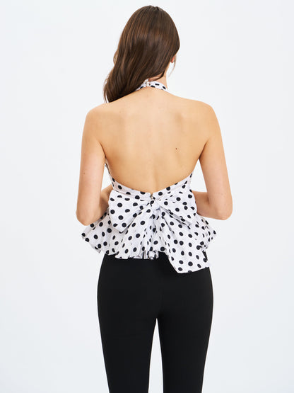 Ilene White and Black Polka Dot Bubble Hem Halter Top