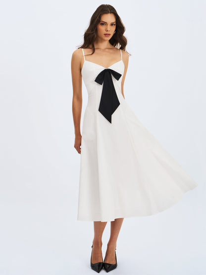 Corinne White Poplin Flared Midi Dress with Removable Bow