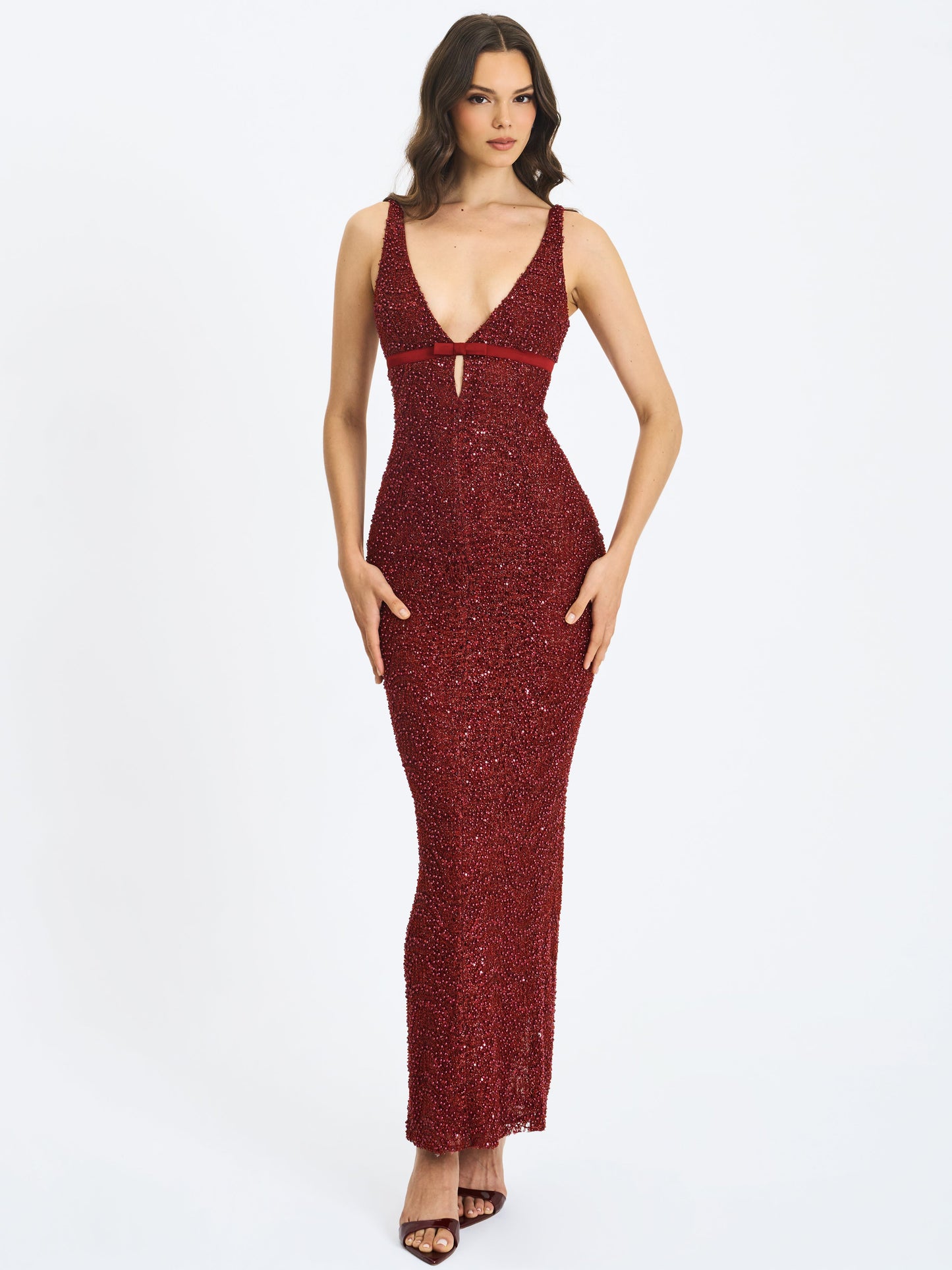 Elora Crimson Sequin Beaded Keyhole Maxi Dress