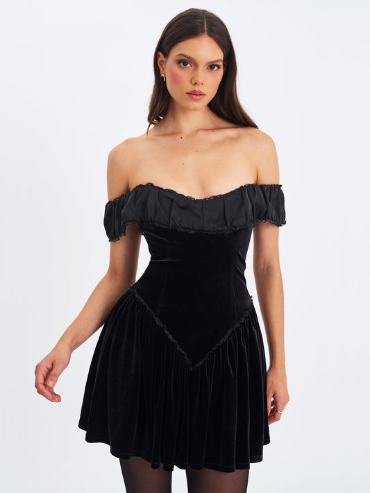 Daisha Black Lace Trimmed Off-Shoulder Ruched Mini Dress