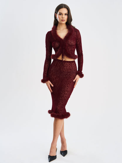 Halia Burgundy Animal Print Burnout Velvet Fur Trim Skirt