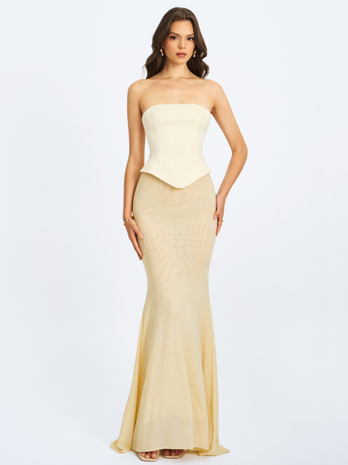 Adelina Butter Yellow Peplum Mermaid Gown with Lace-up Back