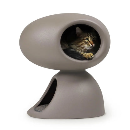 Designer cat bed with scratching board and plush toys