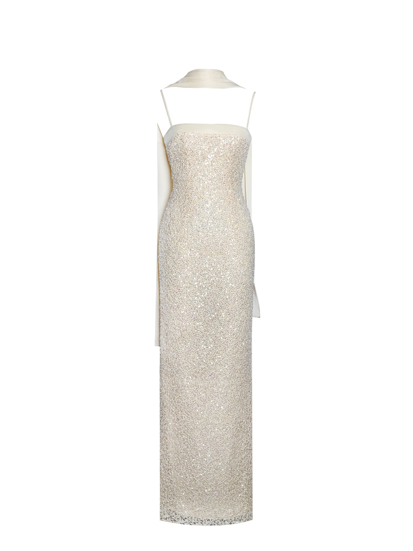 Raizel Gold Beaded Sequin Bodycon Gown with Scarf