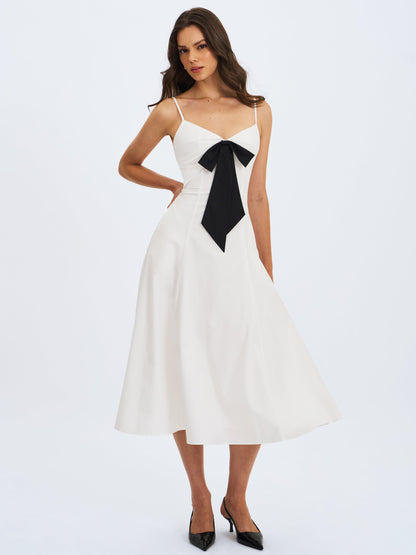 Corinne White Poplin Flared Midi Dress with Removable Bow