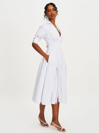 Palina Pinstripes Cotton Poplin Pleated Midi Preppy Shirt Dress