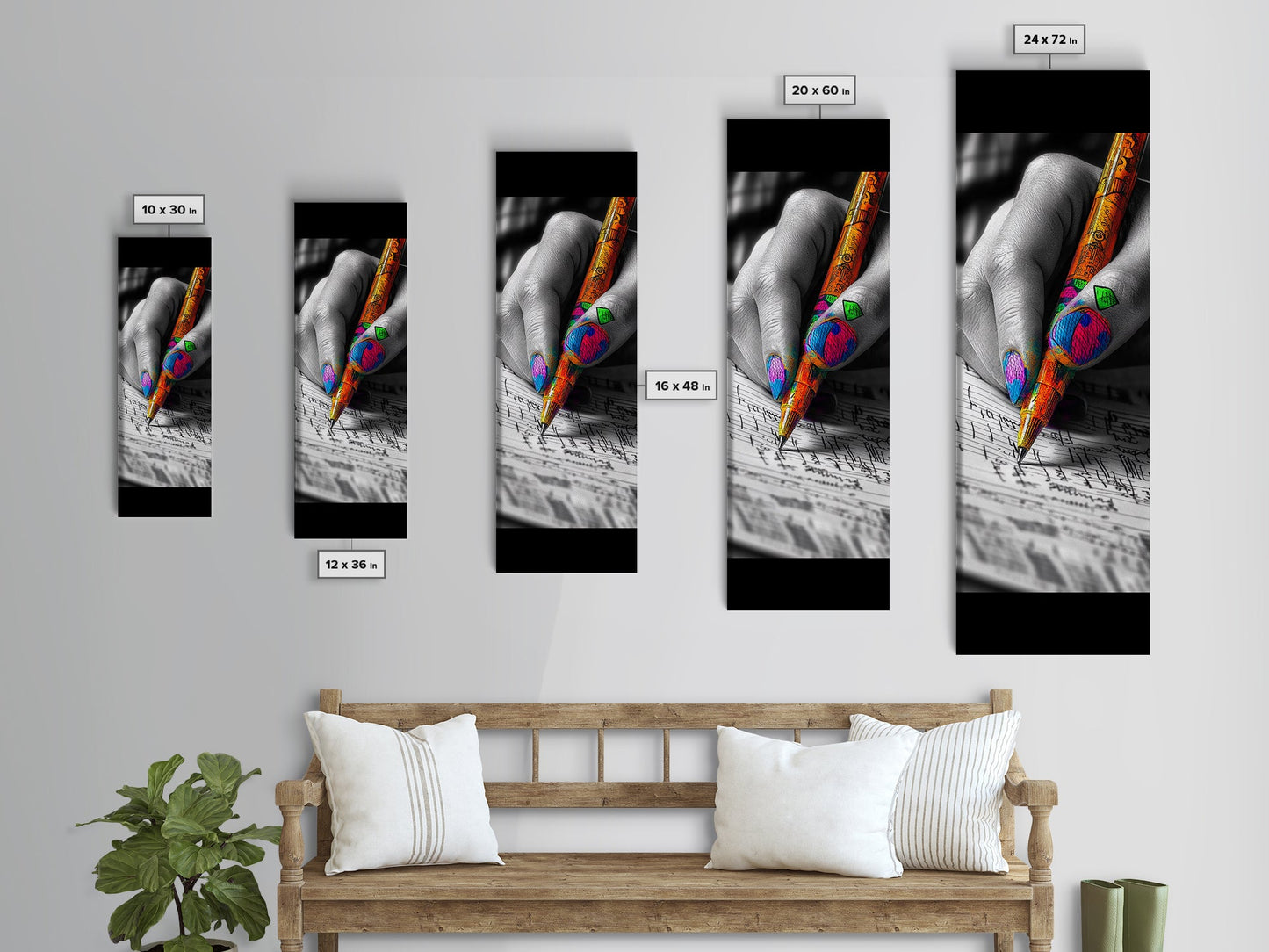 Vibrant Nails, Artistic Pen, Writing Closeup, Framed Canvas Print, Bold Office Wall Art, Pop Art Style, Creative Studio Decor