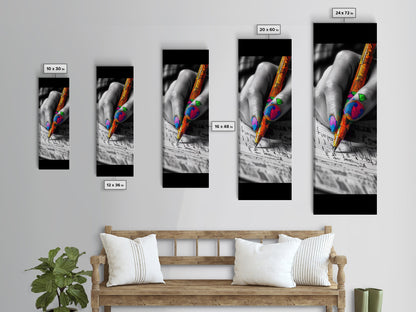 Vibrant Nails, Artistic Pen, Writing Closeup, Framed Canvas Print, Bold Office Wall Art, Pop Art Style, Creative Studio Decor