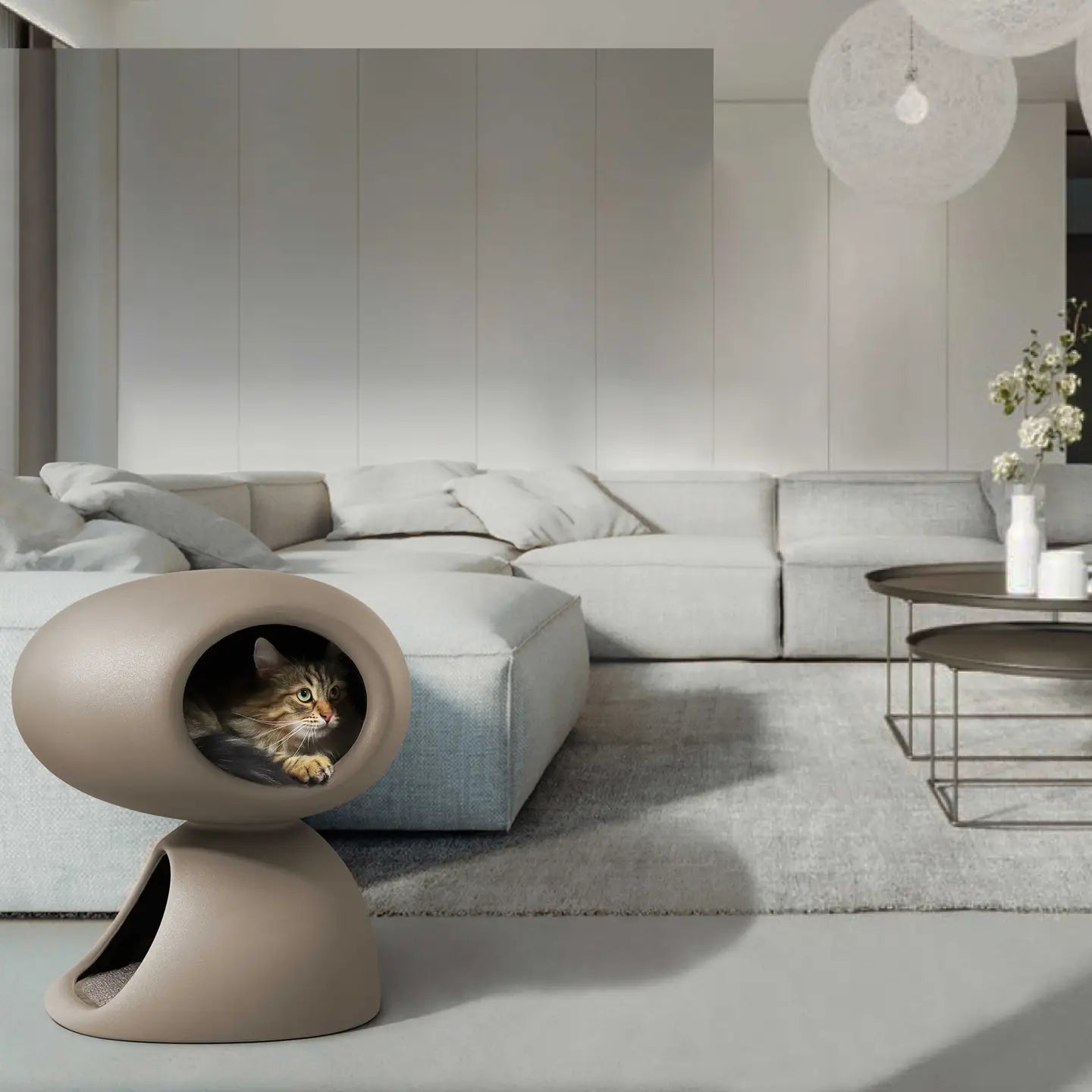 Designer cat bed with scratching board and plush toys