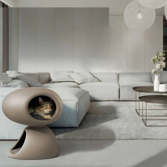 Designer cat bed with scratching board and plush toys