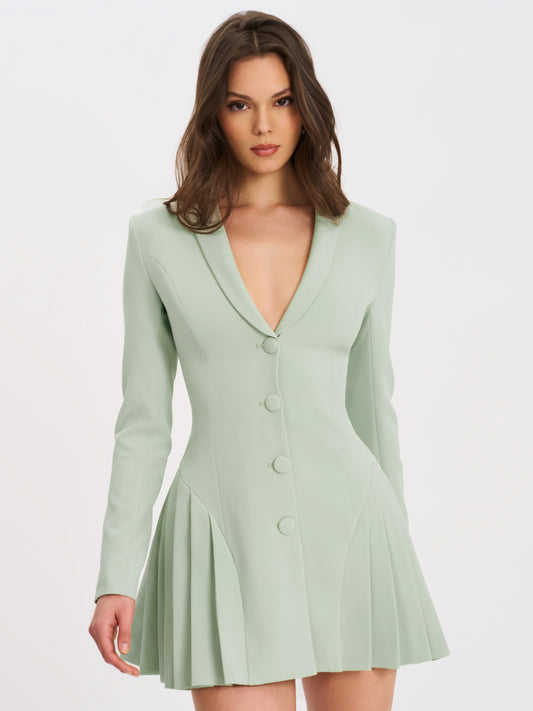 Delia Pistachio Green Blazer Dress with Pleated Detail
