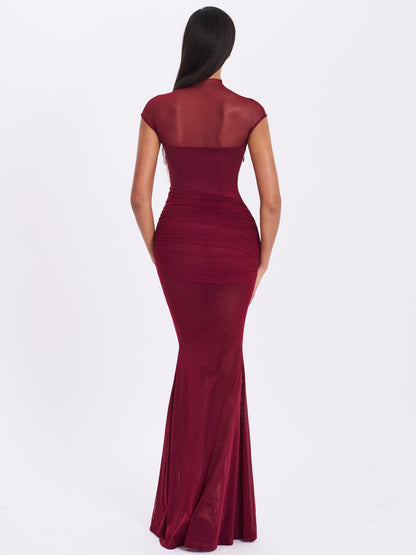 Fabienne Burgundy Mesh Cap Sleeve Mermaid Gown