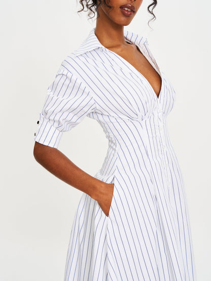Palina Pinstripes Cotton Poplin Pleated Midi Preppy Shirt Dress
