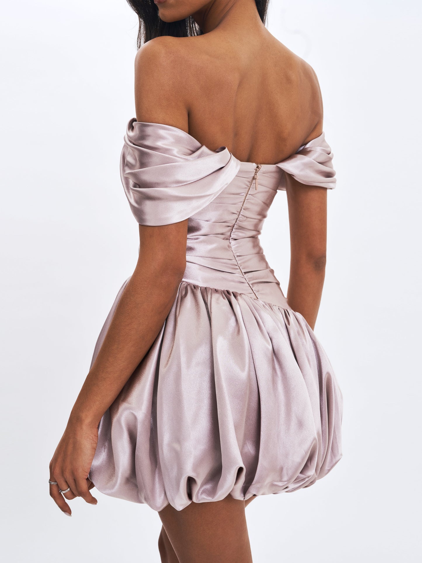 Milena Champagne Ruched Asymmetrical Bubble Mini Dress