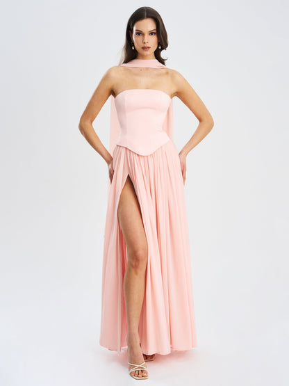 Qianna Baby Pink Peplum Top Drop Waist Chiffon Gown