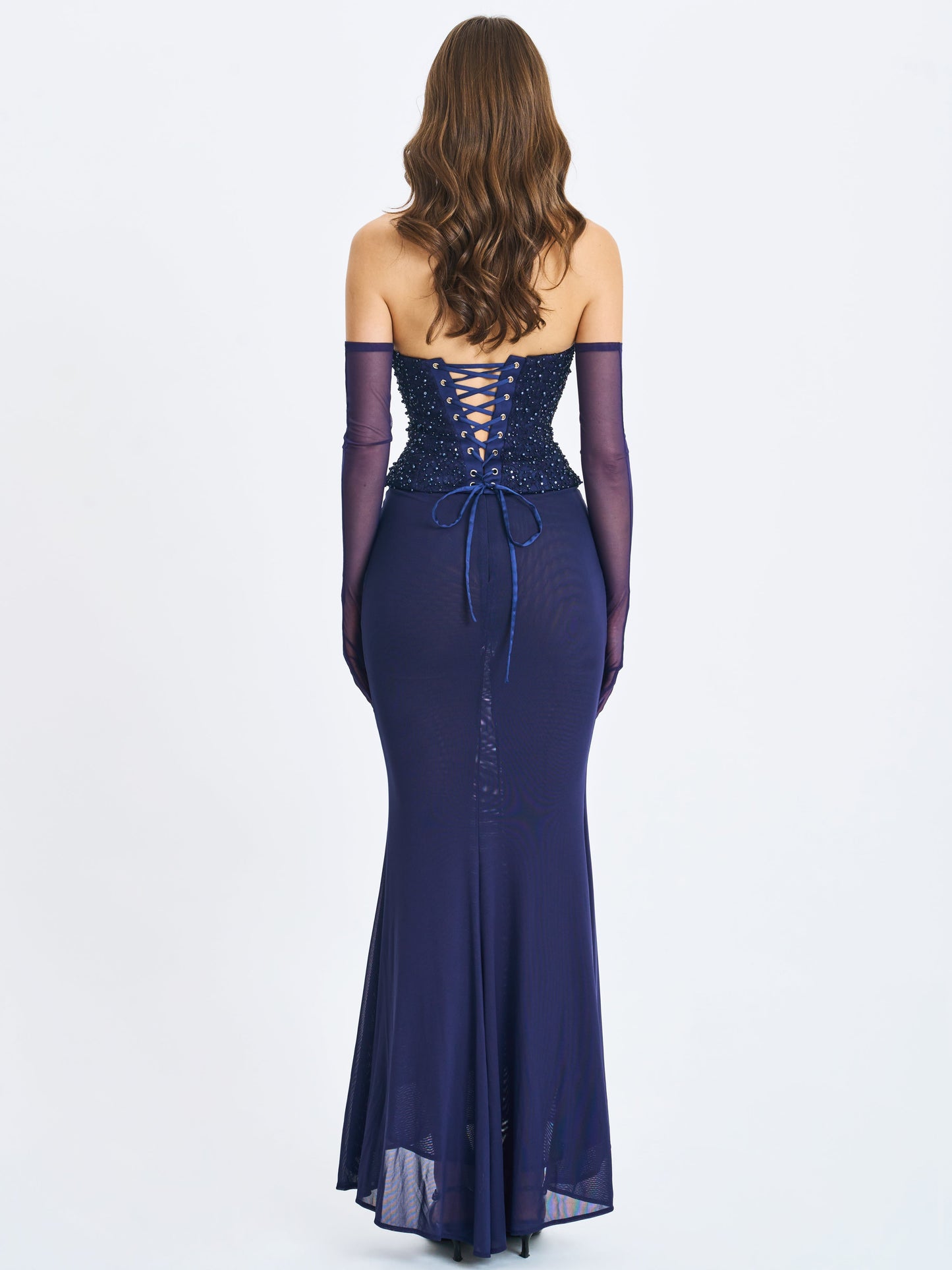 Orabelle Navy Beaded Peplum Mermaid Maxi Gown with Lace-up Back