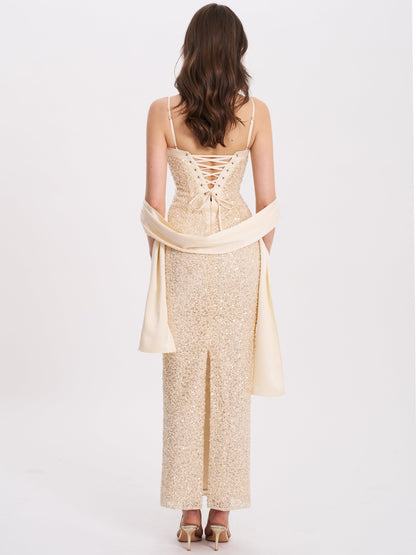Raizel Gold Beaded Sequin Bodycon Gown with Scarf