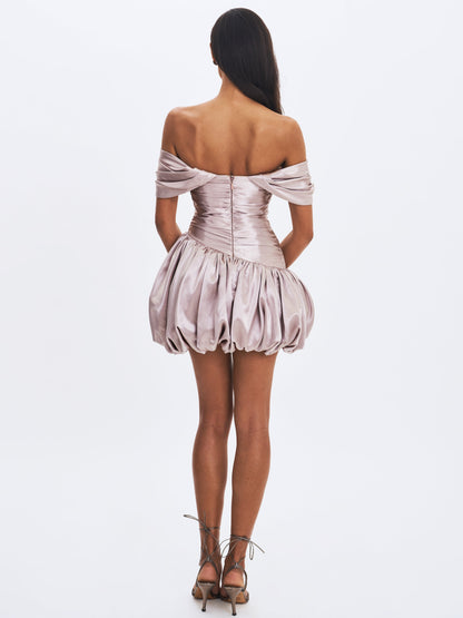 Milena Champagne Ruched Asymmetrical Bubble Mini Dress