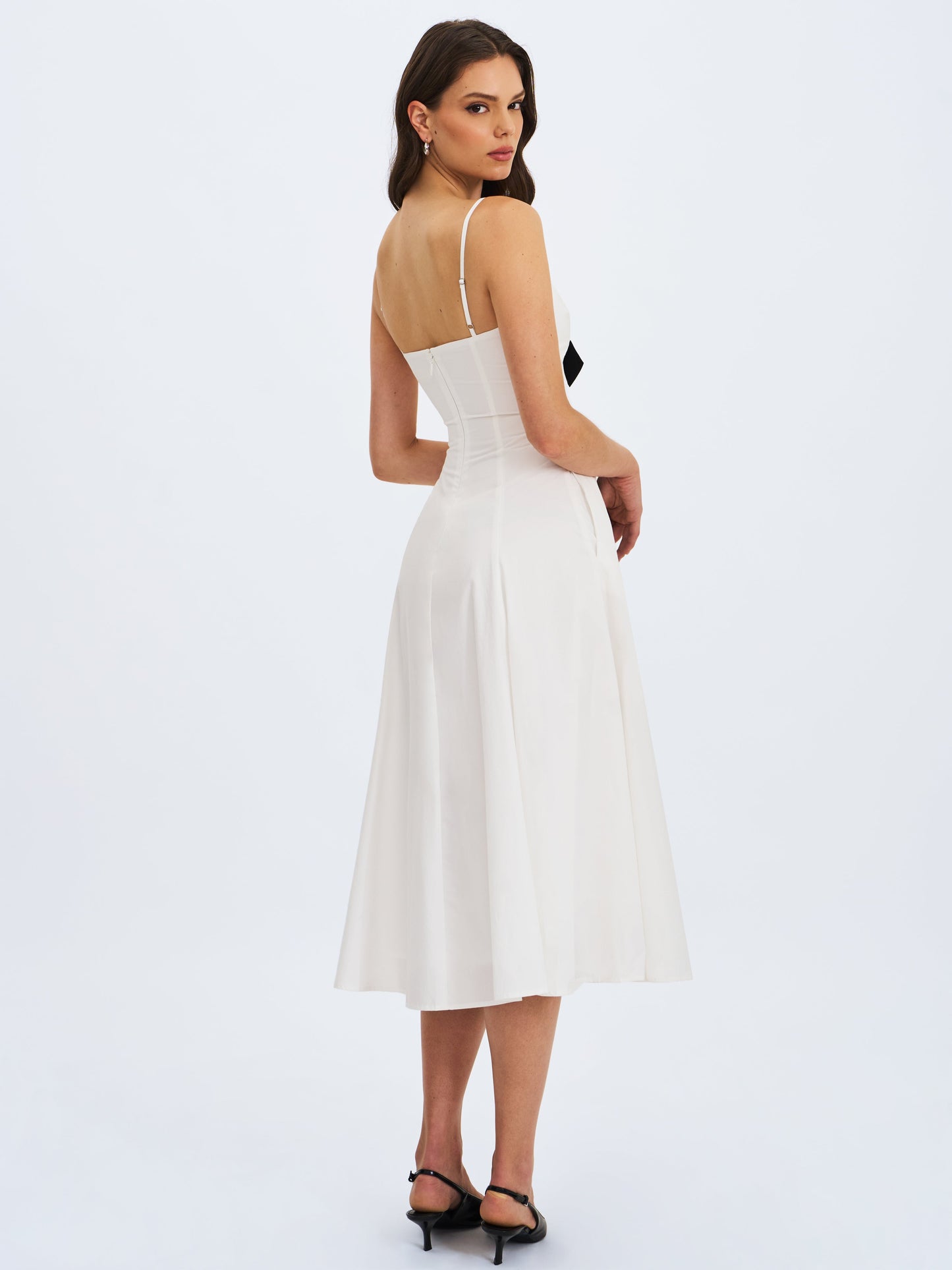 Corinne White Poplin Flared Midi Dress with Removable Bow