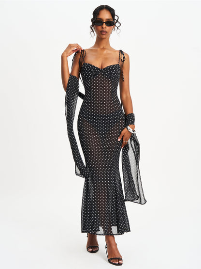 Yadira Black Base Polka Dot Chiffon Maxi Dress